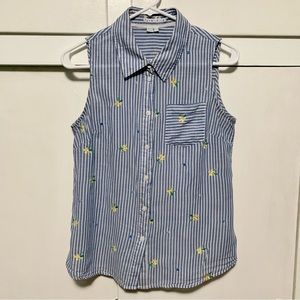 BODEN Button Front Striped Collared Floral Embroidered Tank